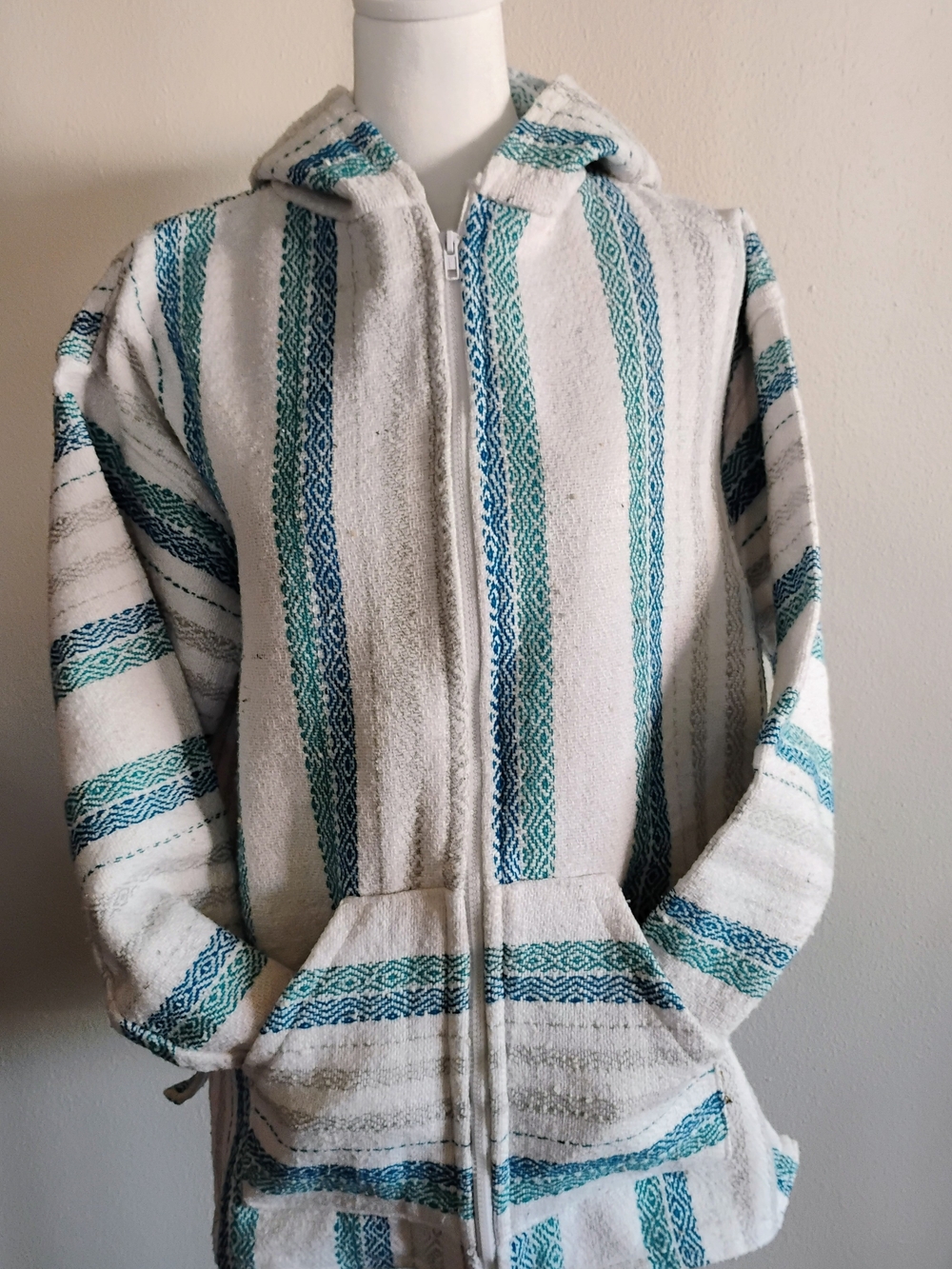 Men's Hooded Zip-Front Style Sweater Jacket - White with Teal Stripes